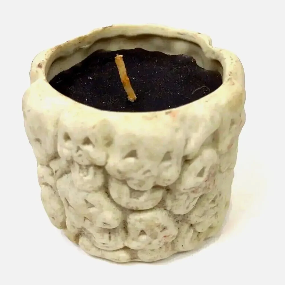 Ghouls Skulls Scary Ceramic Halloween Candle Holder Vintage Black Wax 2.5